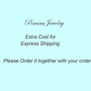 Op de afbeelding: Tekst op een lichtblauwe achtergrond die "Pescara Jewelry" in cursief schrift leest. Onder de titel staat "Extra Cost for Express Shipping" en "Please Order it together with your order."