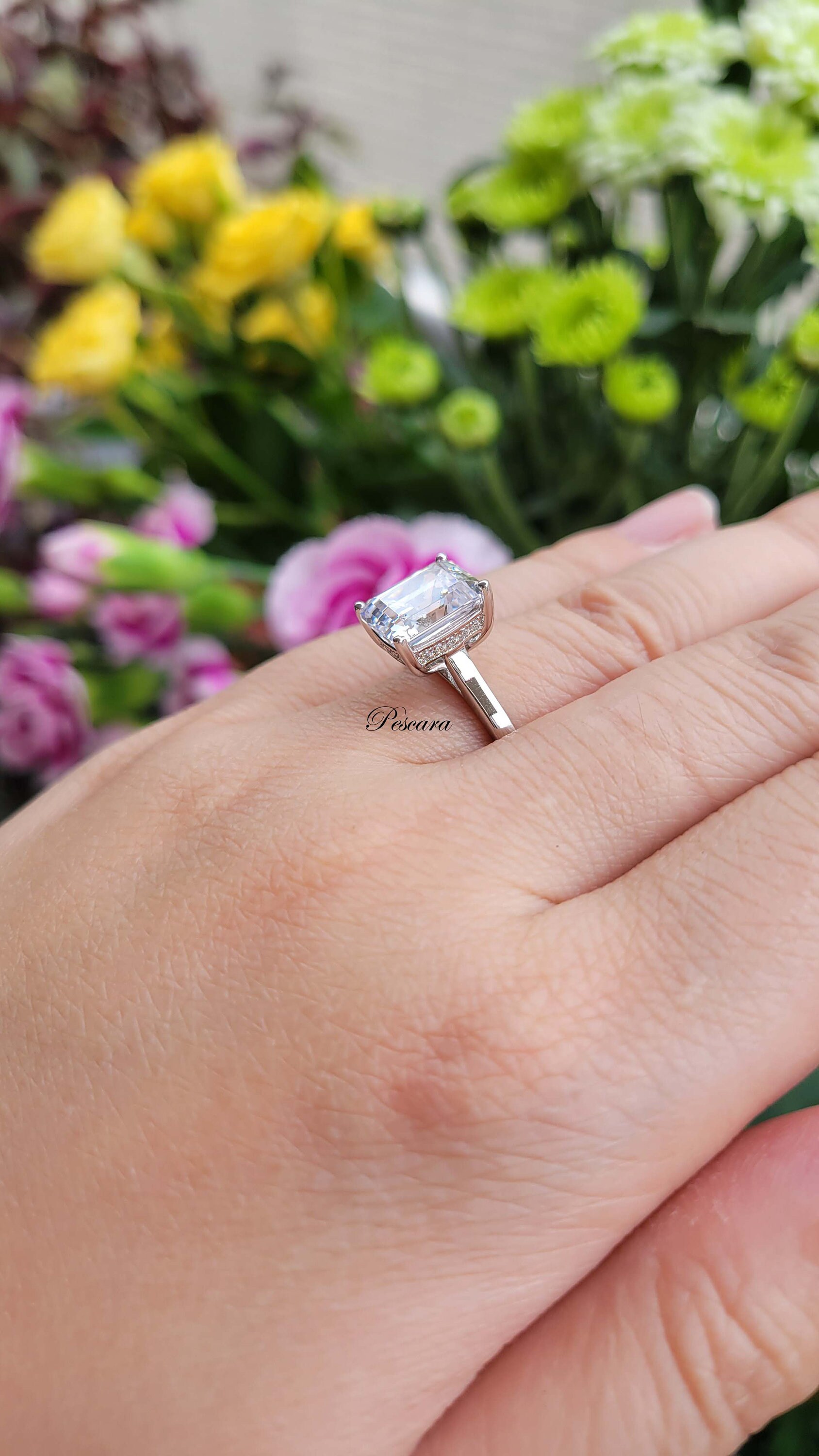 Emerald Cut Solitiare Engagement Ring Hidden Halo Engagement Etsy