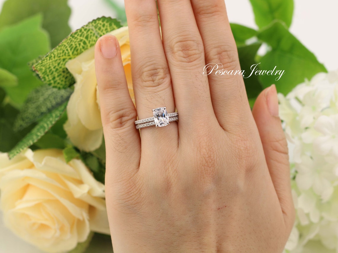 1.9ctw Cushion Wedding Ring Set Elongated Cushion Engagement Etsy