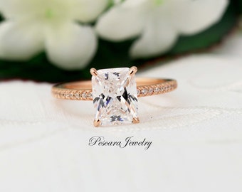 2 Carat (8.5x6.5mm) Radiant Cut Solitaire Engagement Ring With Side Accent stones, Radiant Promise Ring, Wedding Ring, Bridal Ring Silver