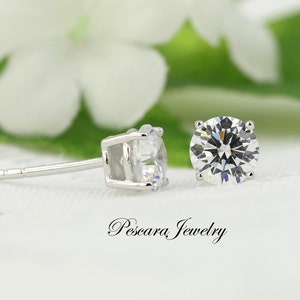 May include: A pair of silver stud earrings with clear round cubic zirconia stones. The earrings are set against a white background with a green leaf and white flower.