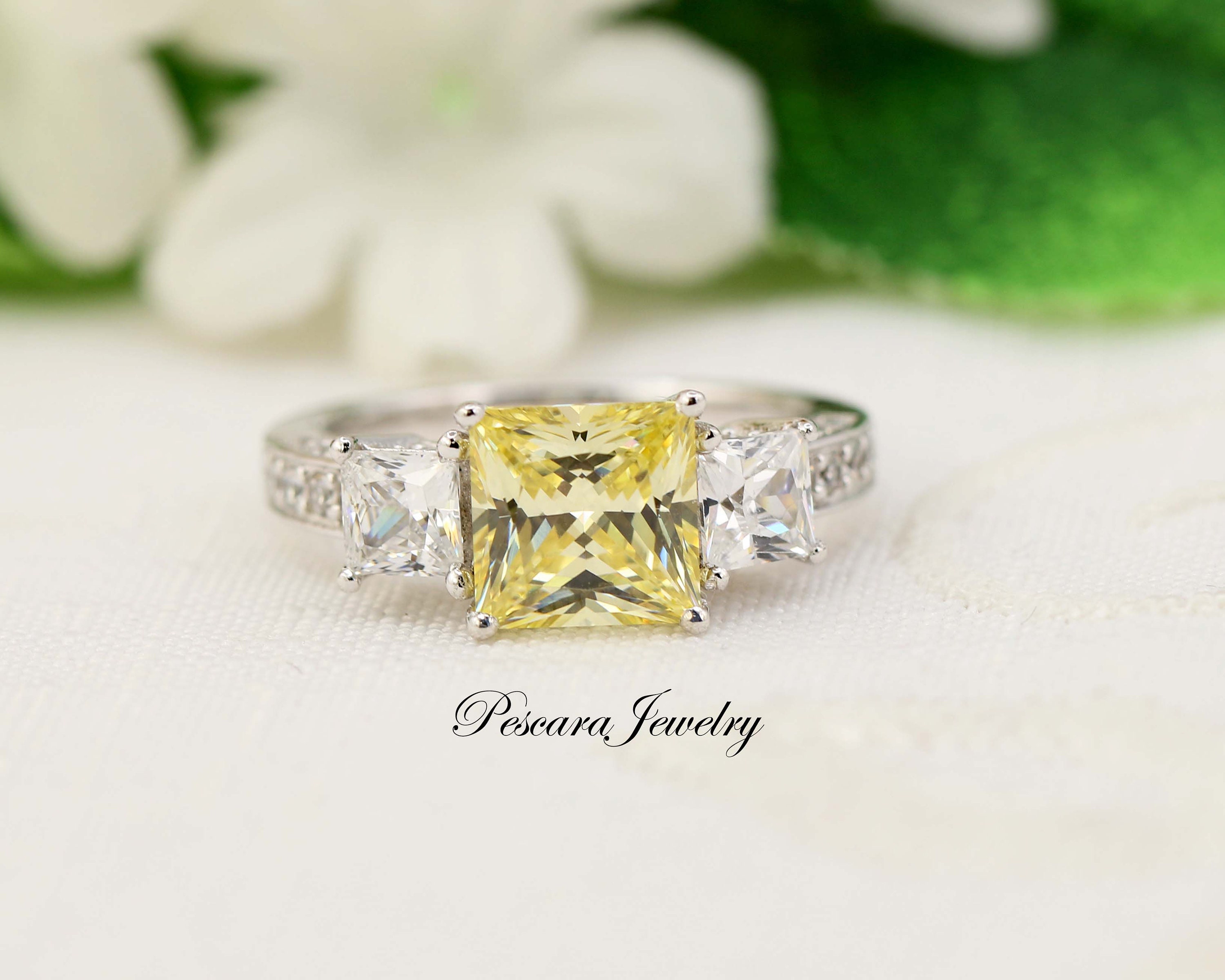 Yellow Princess Cut Engagement Ring 3 Stone Ring Cubic Etsy