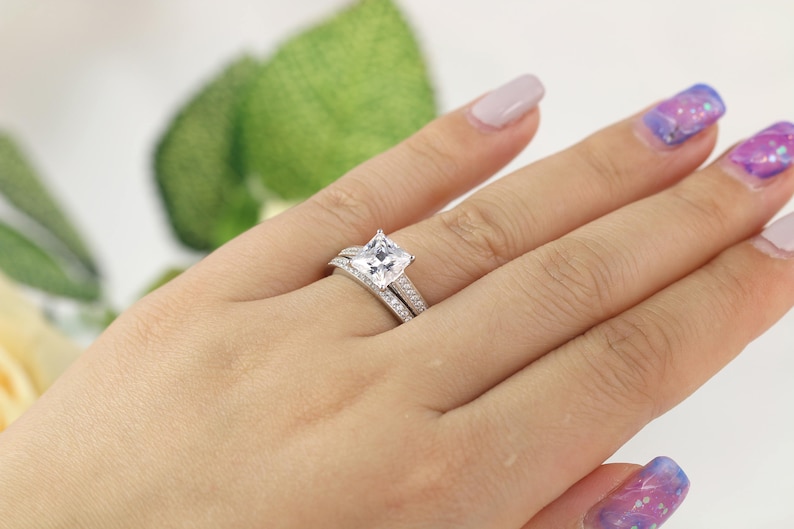 Solitaire Engagement Ring 2.28 ctw Princess Cut Ring Sterling Silver Bridal set Wedding Ring set Promise Ring