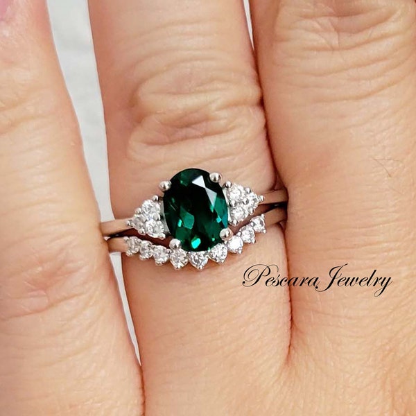 Oval Lab Emerald Engagment Ring, Oval Engagemnt Ring set, May birthone, Oval Promise Ring, 8*6mm Lab Emerald Silver ring