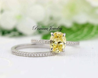 2.45 ctw Oval Solitaire Bridal Set, Oval Solitaire Ring, Half Eternity Band, Canary Yellow Cubic Zirconia ring, Sterling Silver