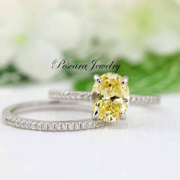 2.45 ctw Oval Solitaire Bridal Set, Oval Solitaire Ring, Half Eternity Band, Canary Yellow Cubic Zirconia ring, Sterling Silver