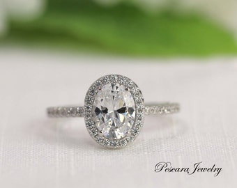 1.5 ctw Oval Engagement Ring - Oval Cut Ring - Oval Halo Ring - Wedding Ring - Diamond Stimulants (CZ)  Sterling Silver