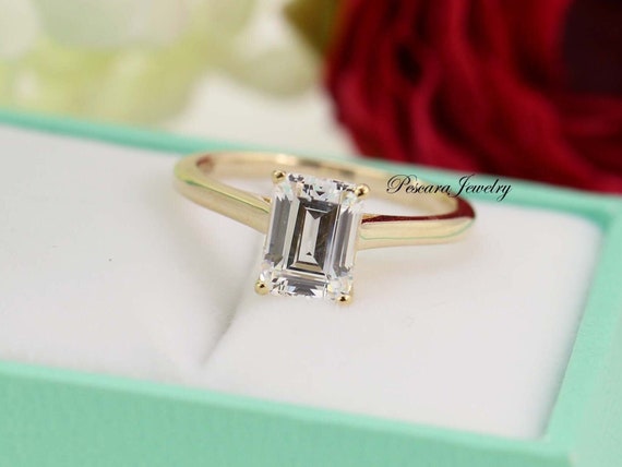 Emerald Cut Diamond Solitaire Engagement Ring 14K Yellow Gold