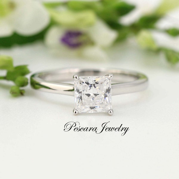 1.25ct Thin Princess Cut Engagement Ring, Princess Cut Solitaire Ring, Princess Cut Promise Ring, Diamond Simulant CZ Princess Ring