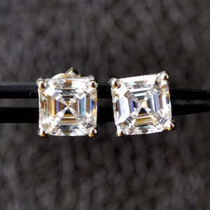 Asscher cut studs earrings, Sterling Silver Studs earrings, Asscher Cut studs, sterling silver CZ stud earrings, 2 Carat each (7mm)