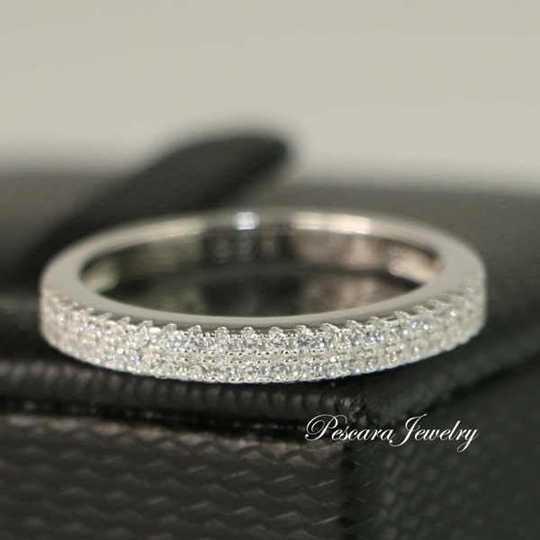 Half Eternity Band, Sterling Silver Wedding Band, double rows Pave Band - Stacking Ring - Cubic Zirconia Ring, CZ Pave band