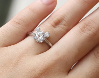Unique Engagement Ring, Mouse ring, 3 stones ring, Wedding Ring, promise ring, Round cut Ring, Sterling Silver, Size 4 ~11