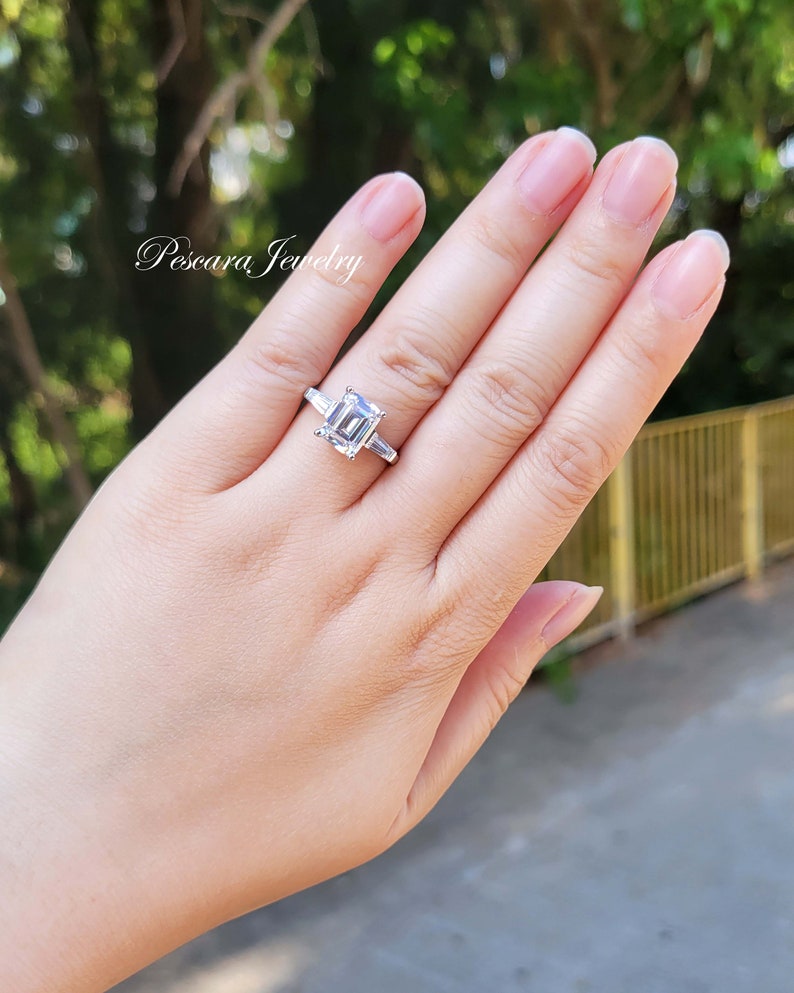 3ct Emerald Cut Ring Three Stone Ring Emerald Cut Taper Baguette CZ simulated Diamond Anniversary Ring Sterling Silver image 7