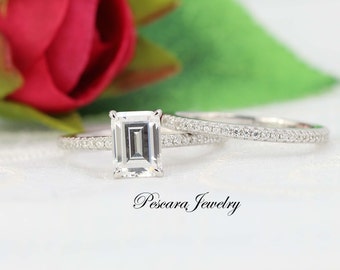 1.5ct Emerald Cut Wedding Ring set, Emerald Solitaire Ring, Emerald Cut Engagement Ring, Stacking Ring, Bridal Set, Diamond Simulant CZ