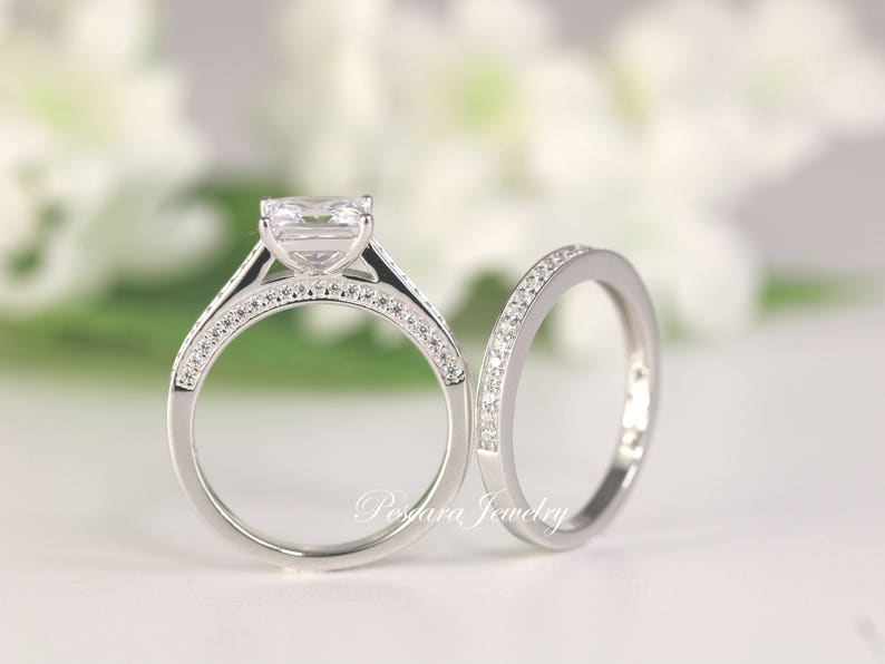Solitaire Engagement Ring 2.28 ctw Princess Cut Ring Sterling Silver Bridal set Wedding Ring set Promise Ring