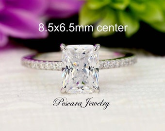 2CT Radiant Cut Engagement Ring - (8.5x6.5mm) 2ct Radiant Solitaire Ring - Promise Ring, Diamond Simulant CZ Ring, Sterling Silver