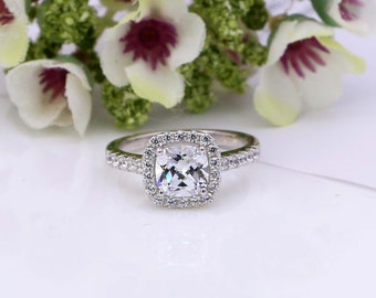 2 Ct Cushion Cut Halo Engagement Ring - Sterling Silver Engagement Ring - Promise Ring - Cushion Cut Ring - Cubic Zirconia Ring