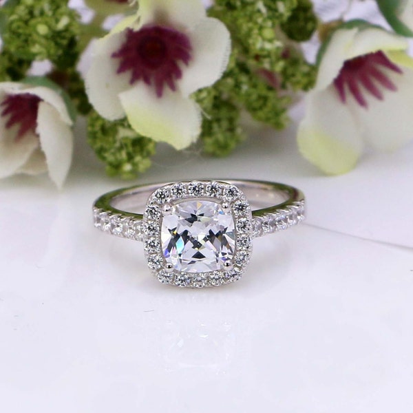 2 Ct Cushion Cut Halo Engagement Ring - Sterling Silver Engagement Ring - Promise Ring - Cushion Cut Ring - Cubic Zirconia Ring