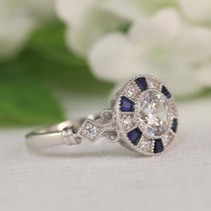 Art Deco Blue Sapphire Halo Engagement Ring Vintage Filigree - Etsy