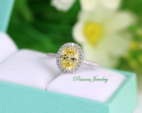 Light Canary Yellow Classical Oval Halo Engagement Ring, Oval Cut