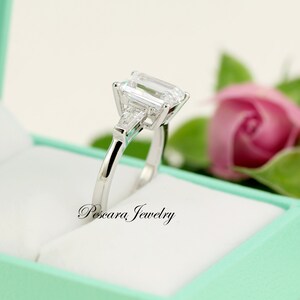 3ct Emerald Cut Ring Three Stone Ring Emerald Cut Taper Baguette CZ simulated Diamond Anniversary Ring Sterling Silver image 3
