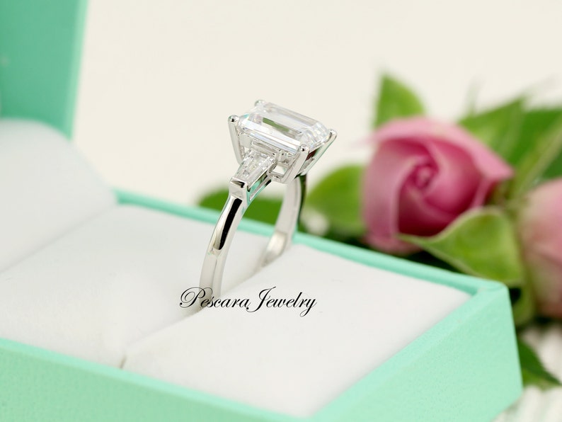 3ct Emerald Cut Ring Three Stone Ring Emerald Cut Taper Baguette CZ simulated Diamond Anniversary Ring Sterling Silver image 3