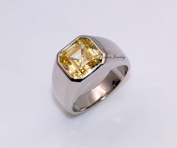 Light Canary Yellow Asscher Cut CZ Mens Ring - Male Ring