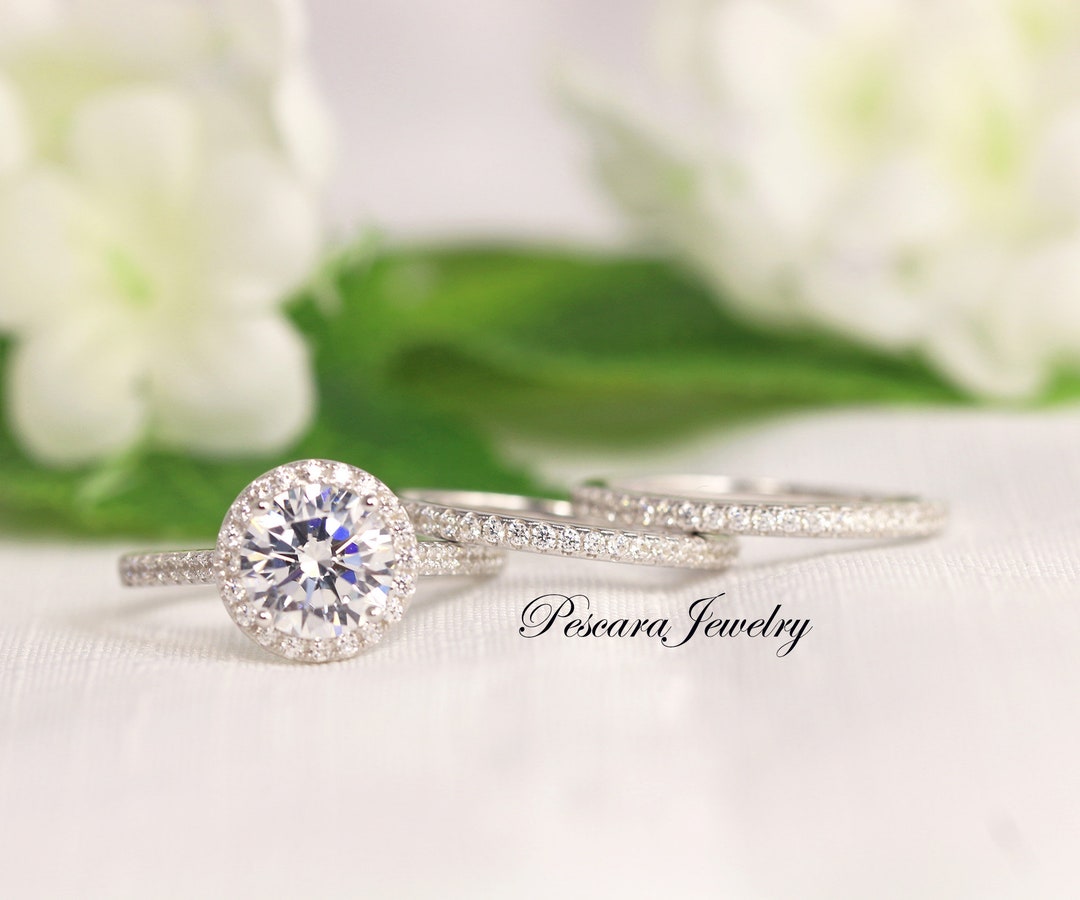 3ct Round Halo Engagement Ring Set, Round Cut Wedding Ring Set, 3 Carat Round Promise Ring