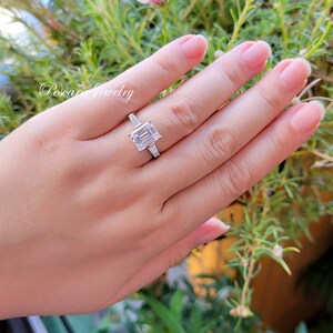 3ct Emerald Cut Ring Three Stone Ring Emerald Cut Taper Baguette CZ simulated Diamond Anniversary Ring Sterling Silver image 5