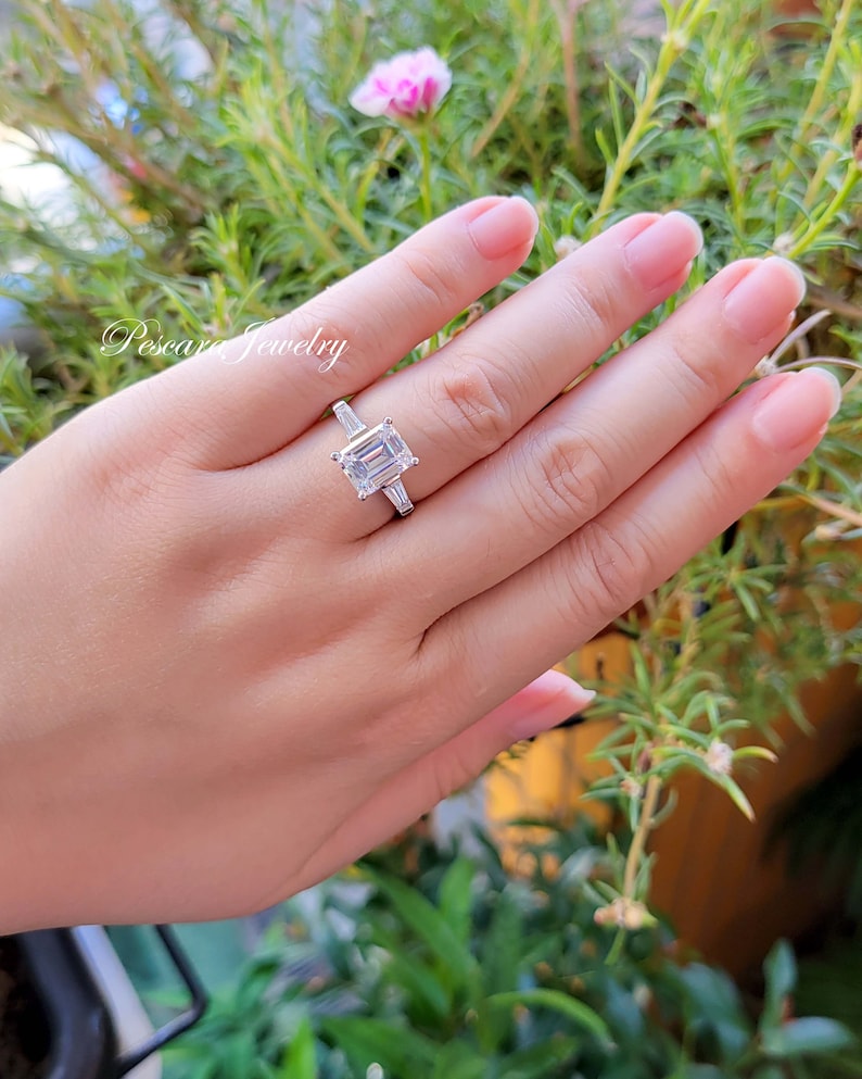 3ct Emerald Cut Ring Three Stone Ring Emerald Cut Taper Baguette CZ simulated Diamond Anniversary Ring Sterling Silver image 5