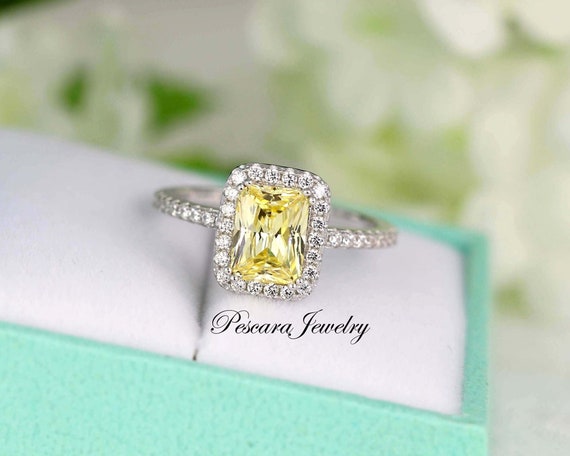 Light Canary Radiant Cut Halo Engagement Ring, Promise
