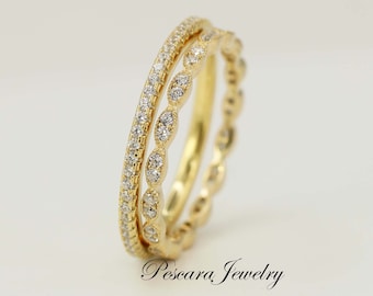 Yellow Gold eternity band rings Art Deco eternity Round eternity band, set of 2 pieces in 14K yellow gold Plated Sterling Silver