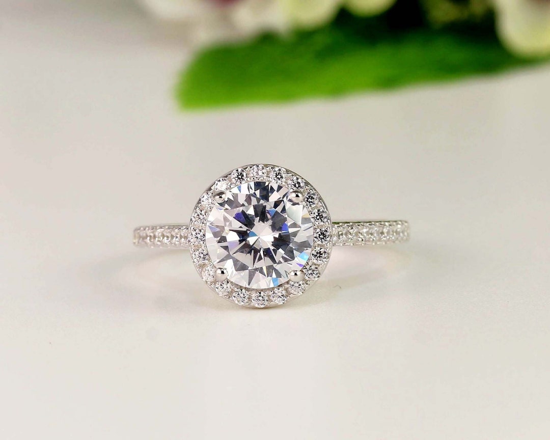 Silver 2ct Engagement Ring, Round Halo Ring, Wedding Ring  display picture 1