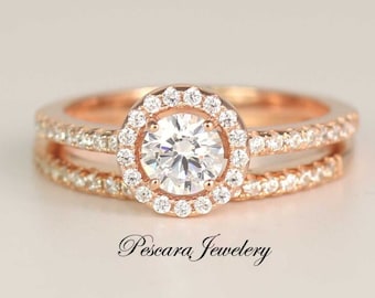 Rose Gold Round Halo Ring, Engagement Ring Set, Wedding Ring set, half carat round cut ring, Sterling Silver Ring
