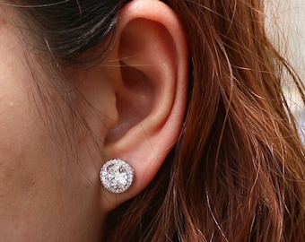 Sterling Silver Halo Stud Earrings: Round CZ, 4-9mm