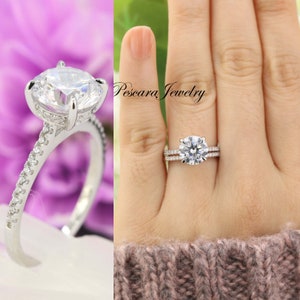 Juego de anillo de bodas solitario redondo de 3,5 ct, anillo de compromiso de talla redonda de 3 quilates (9 mm), anillo de promesa, anillo nupcial, anillo de circonita cúbica con imitación de diamante