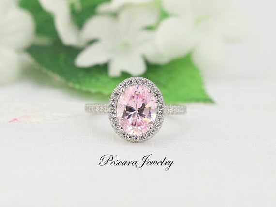 Light Pink Oval Halo Engagement Ring, Carat Oval Cut Ring, 3ct