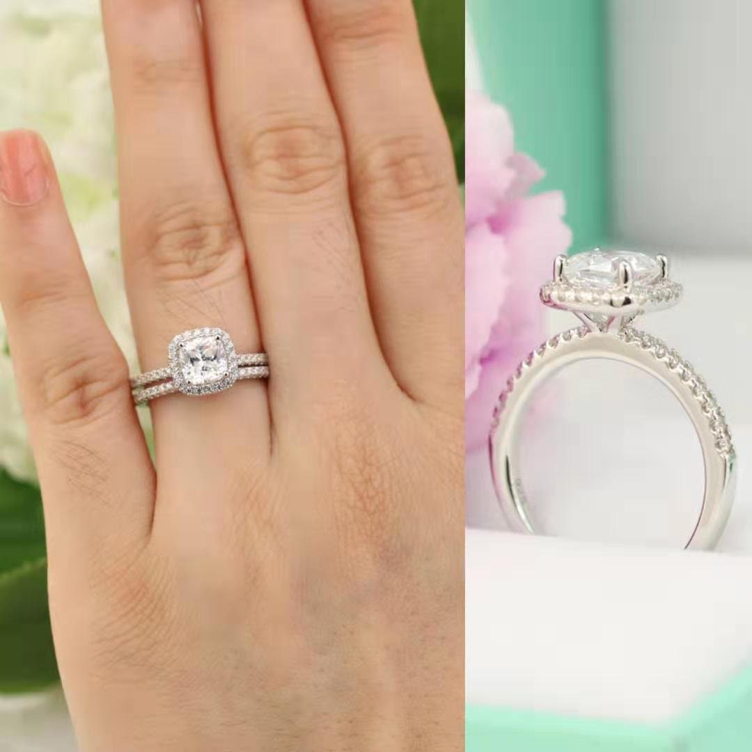 Cushion Cut Engagement Ring Set, Cushion Halo Ring, Ct