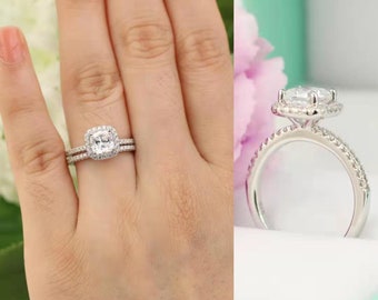 1.5ctw Cushion Cut Engagement Ring Set, Cushion Halo Ring, 1 ct Cushion Promise Ring, Cubic Zirconia CZ Ring, Sterling Silver