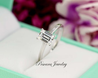 1ct Emerald Cut Engagement Ring, (7x5mm) 1ct Emerald Cut Solitaire Ring, Emerald Cut ring, Diamond Simulant CZ Emerald Cut Sterling Silver