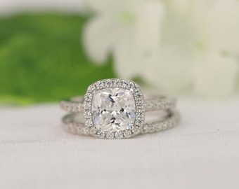 2.0ct Halo Verlobungsring, Ehering Set, Ehering, Kissenschliff Ring, Zirkonia Ring, Sterling Silber