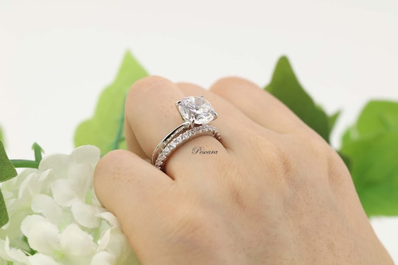 Bridal Set Ring, 4ct Round Solitaire Ring, 2mm Eternity
