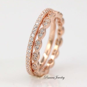 Fede nuziale Art Déco in oro rosa, anello a fascia impilabile, fascia Milgrain, fede per anniversario, argento sterling