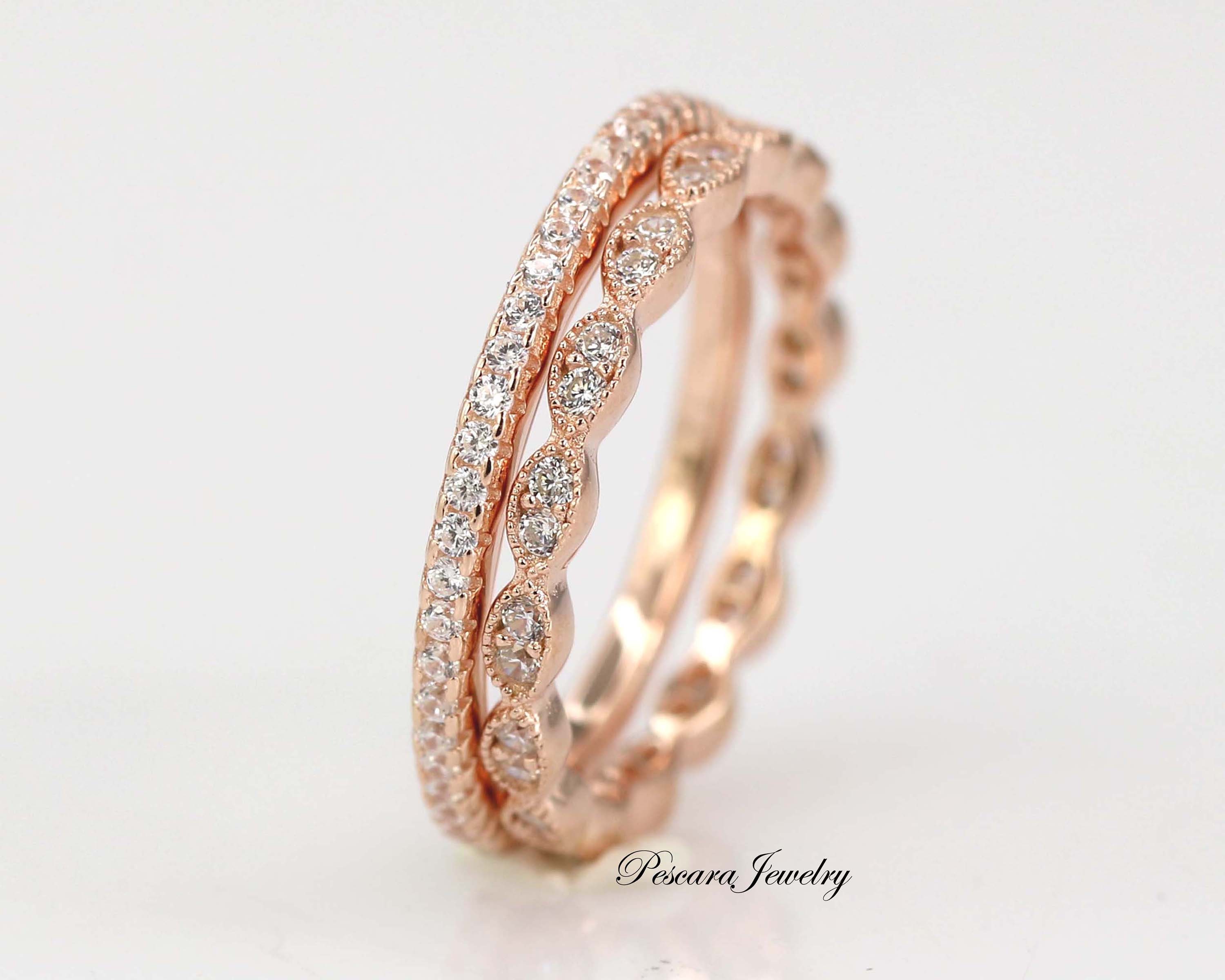Rose Gold Art Deco Wedding Band, Stacking Band Ring, Milgrain Band, Anniversary band, Sterling Silver