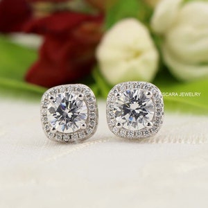 Round Cut Cushion Halo Earrings Studs, Bridal Earrings, Wedding Bridesmaid Jewelry, Round Diamond Stimulants studs, Sterling Silver