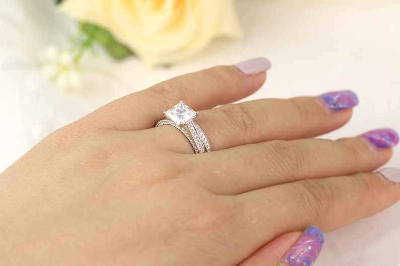 Solitaire Engagement Ring 2.28 ctw Princess Cut Ring Sterling Silver Bridal set Wedding Ring set Promise Ring