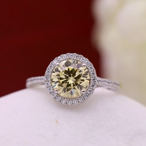 Light Canary Yellow Round Halo Engagement Ring - Wedding Ring - Promise Ring - Bridal ring - Cubic Zirconia ring - 2 Carat -Sterling Silver