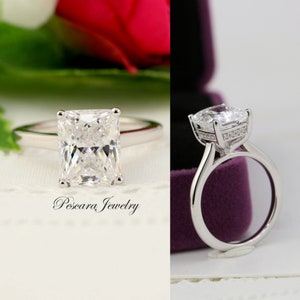 4ct Radiant Cut Engagement Ring, 10x8mm Radiant Cut Solitaire Ring, Radiant Hidden Halo Ring, Diamond Simulant CZ Silver Ring