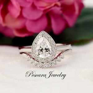1.2ctw Pear Halo Engagement Ring Set, Pear halo plain shoulder, stacking ring, Wedding Ring, Diamond Simulants, Sterling Silver