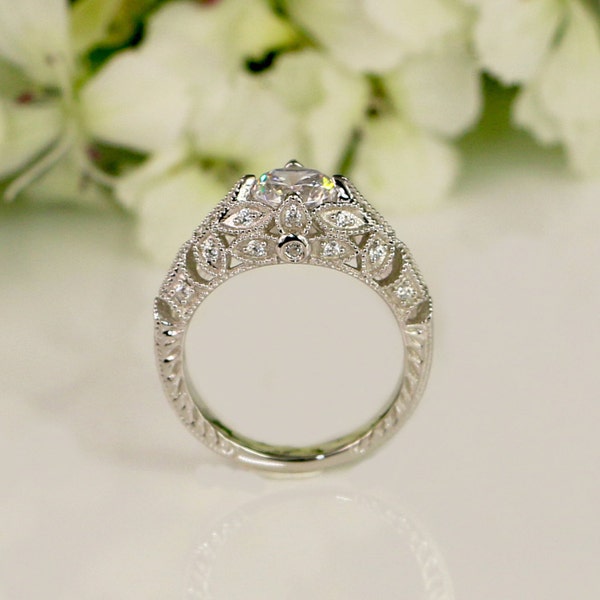 1.36 ctw Art Deco Engagement Ring, Vintage Inspired Ring, Antique Style, CZ Diamond Simulants Round Cut Ring, Sterling Silver
